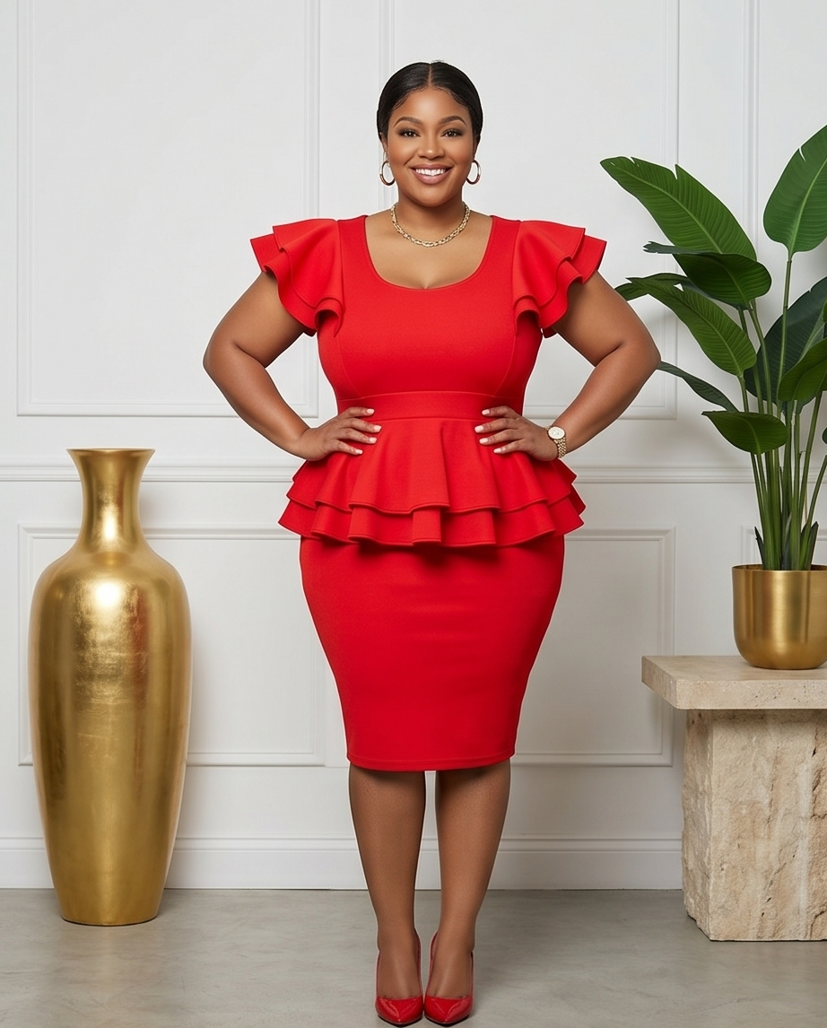 Plus Size Red Peplum Ruffle Dress