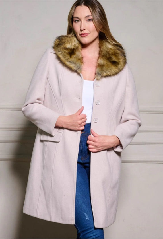 Plus Size Cream Sherpa Maxi Fur Neck Coat - W429PF1