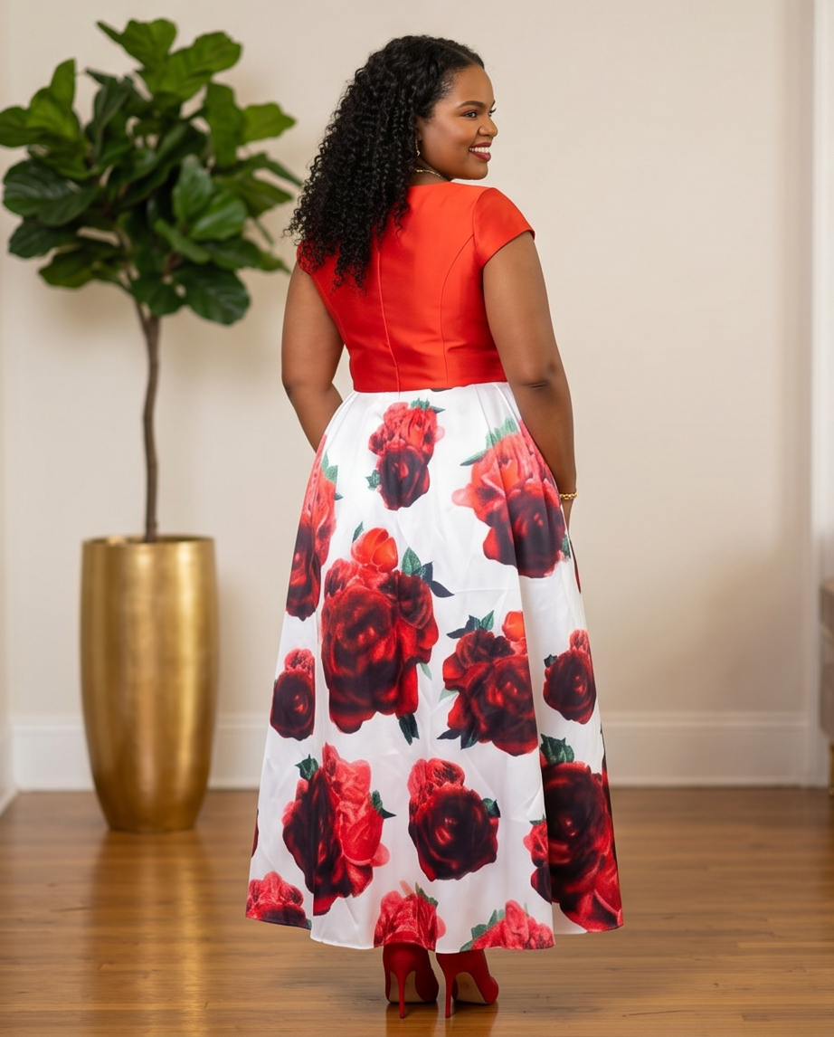 Plus Size Red Rose Print Formal Dress