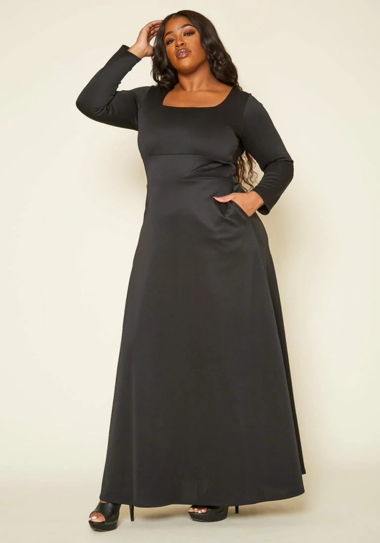 Plus Size Square Neckline Black Maxi Dress - 2425