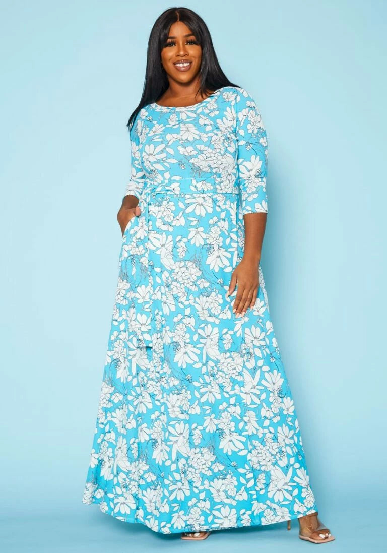 Plus Size Blue Floral Wrap Maxi Dress - 2702