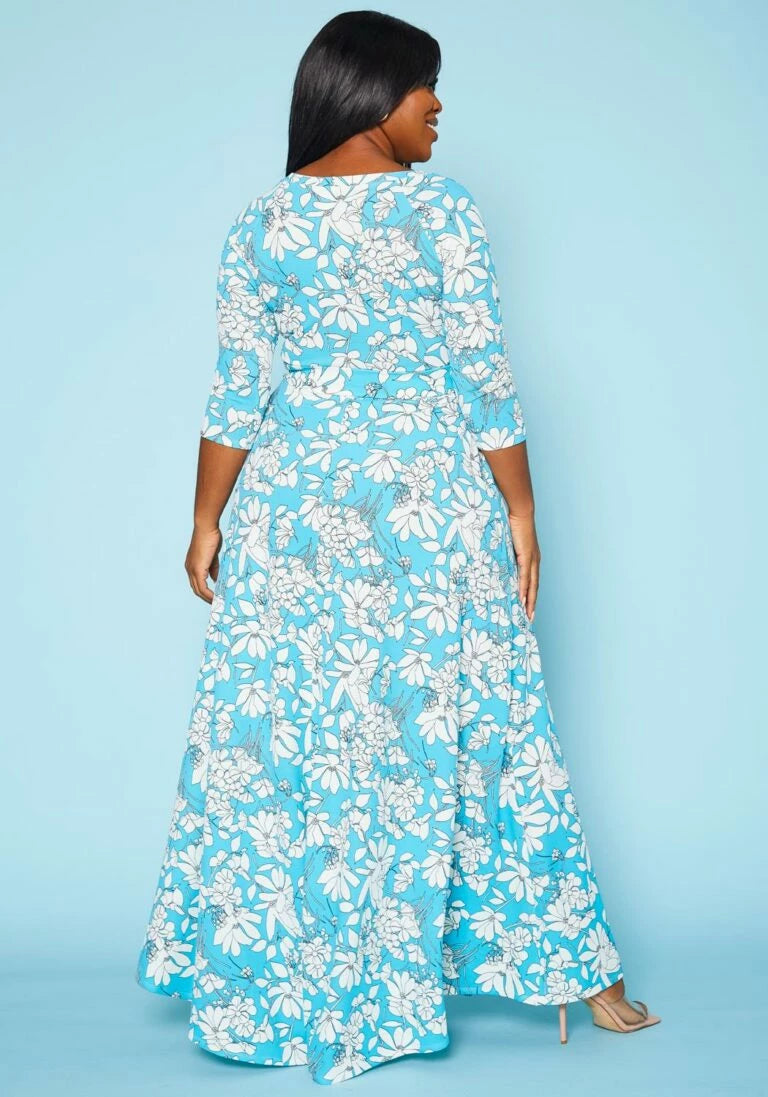 Plus Size Blue Floral Wrap Maxi Dress - 2702