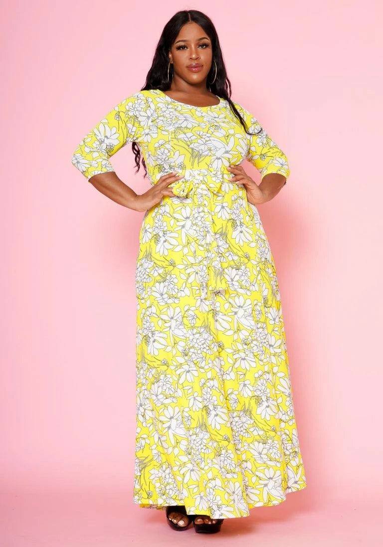 Plus Size Yellow Floral Wrap Maxi Dress - 2702