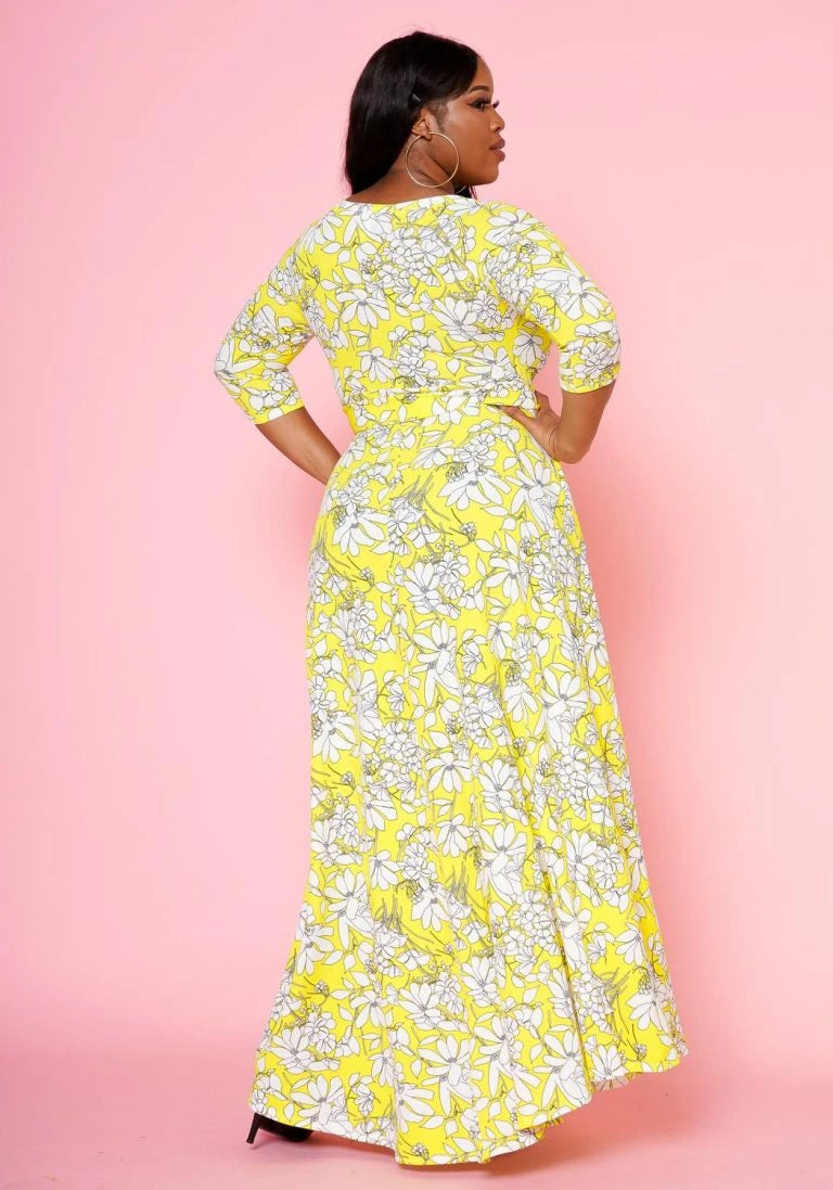 Plus Size Yellow Floral Wrap Maxi Dress - 2702