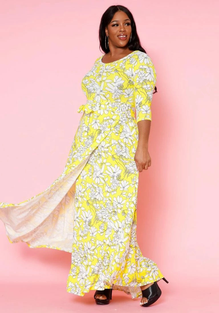 Plus Size Yellow Floral Wrap Maxi Dress - 2702