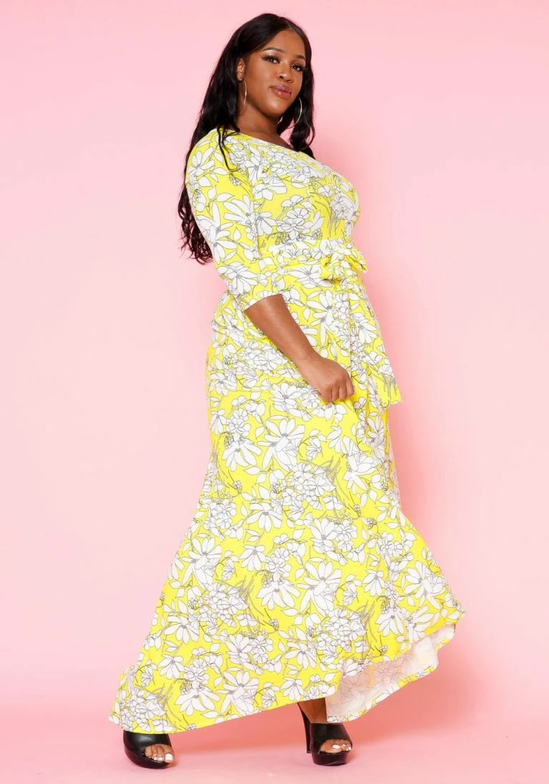 Plus Size Yellow Floral Wrap Maxi Dress - 2702