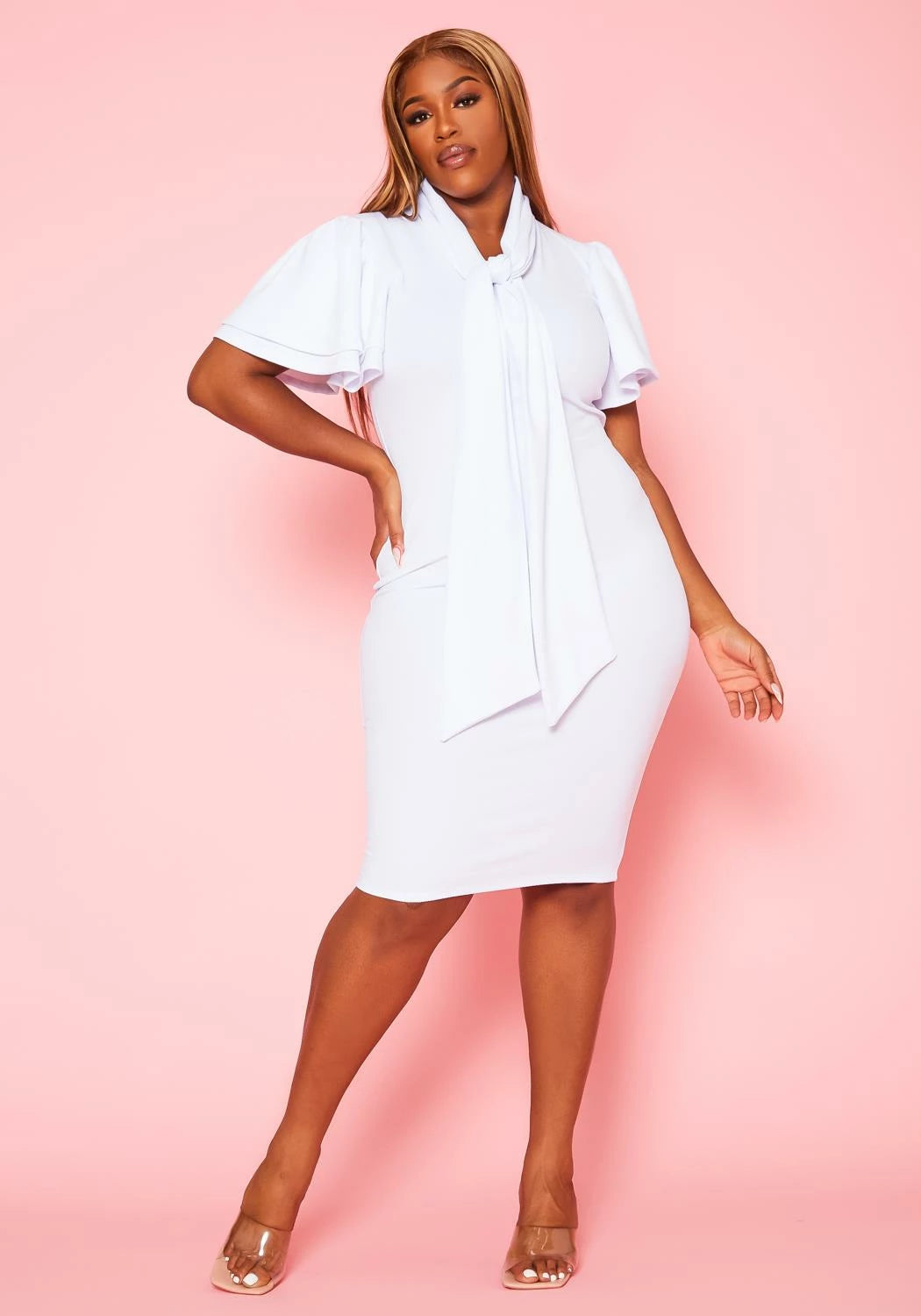 Plus Size White Tie Neck Dress - 2166