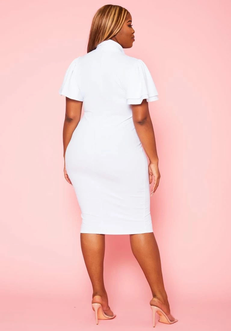Plus Size White Tie Neck Dress - 2166