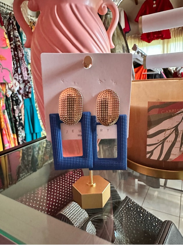 Gold And Blue Boxy Earring - 1487