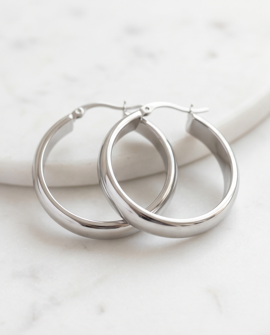 Silver Stainless Steel Wide Hoop Earrings