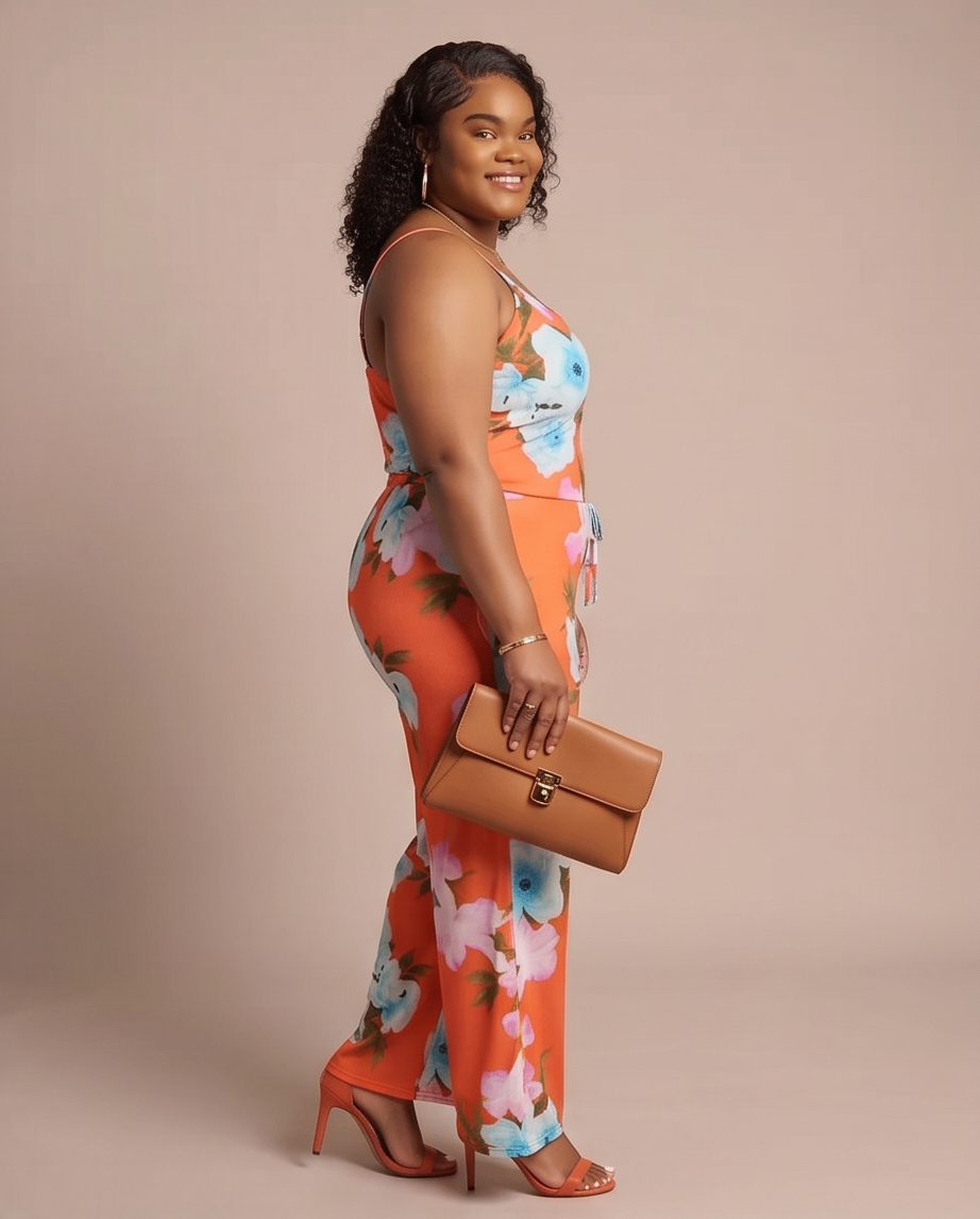 Plus Size Orange Floral Jumpsuit