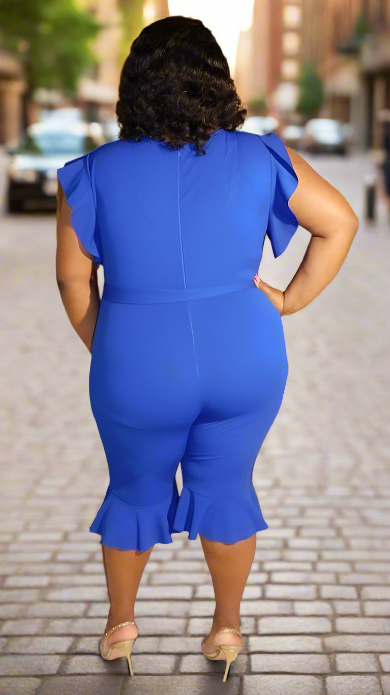 Plus Size Royal Blue Ruffle Trim Jumpsuit - 2736