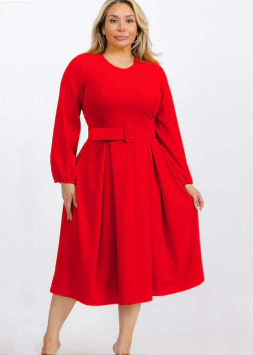Plus Size Red Pleated Midi Long Sleeve Dress - 2930