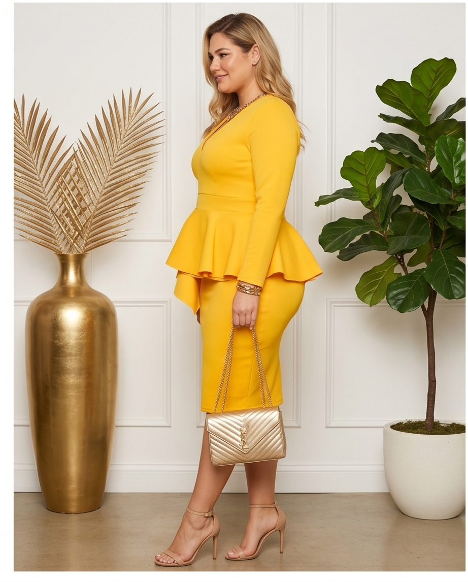 Plus Size Yellow Peplum Midi Dress