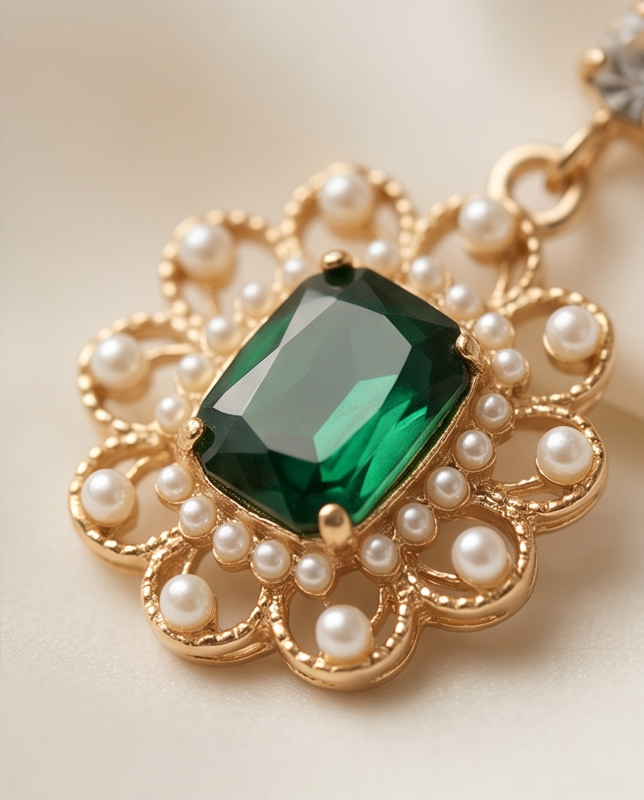 Green Diamond With Pearl Trim Earrings