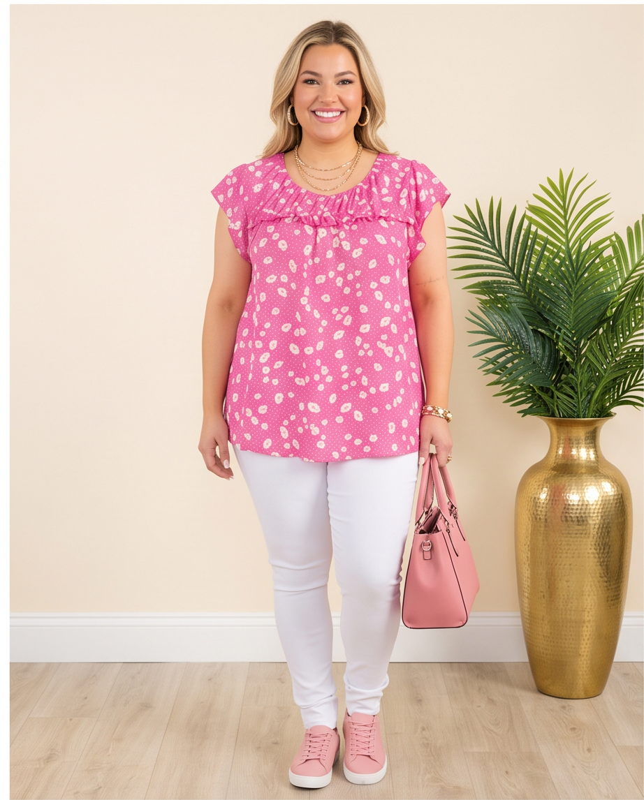 Plus Size Pink & White Ruffle Top