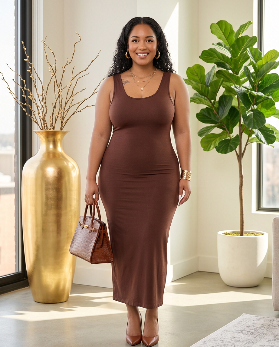 Reg/Plus Brown Stretchy Maxi Dress