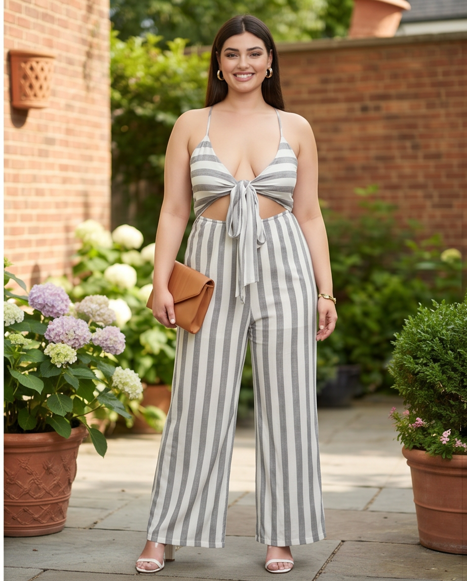 Plus Size Striped Cutout Detail Jumpsuit