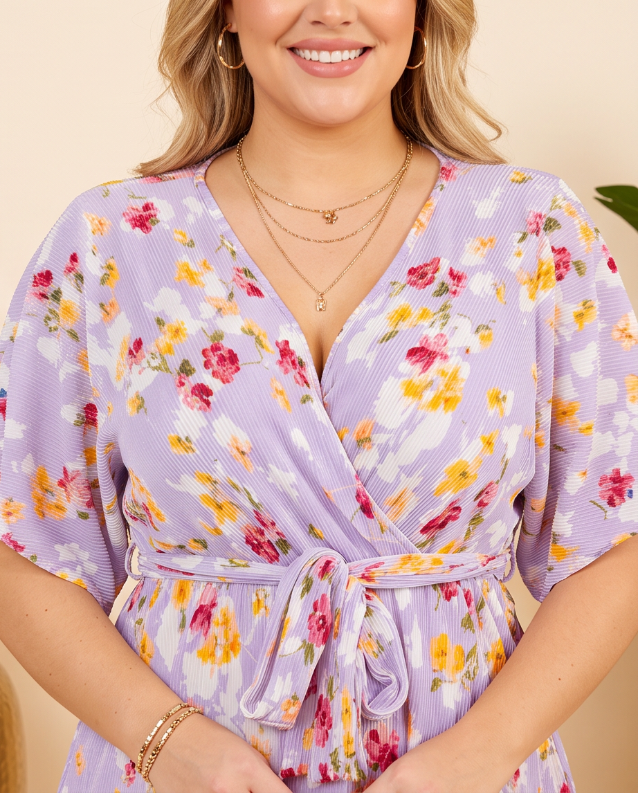 Plus Size Lavender Floral Belted Dress