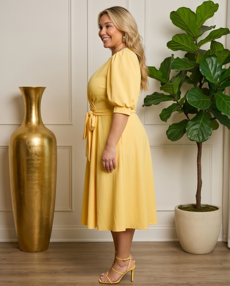 Plus Size Yellow Belted Skater Dress
