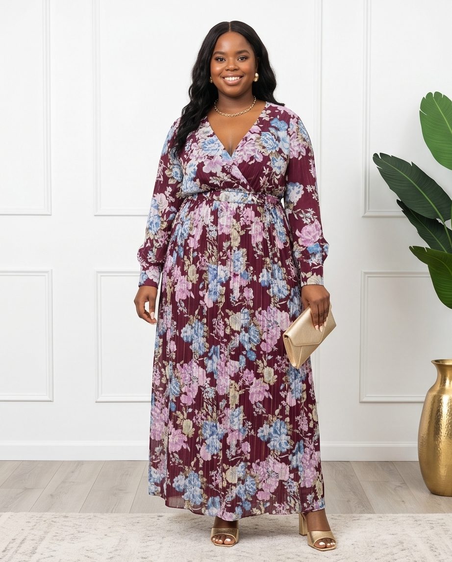 Plus Size Plum Maxi Pleated Dress