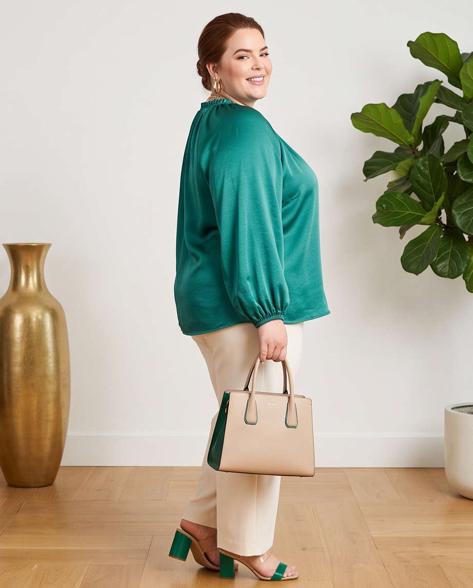 Plus Size Emerald Green Silk Long Sleeve Top