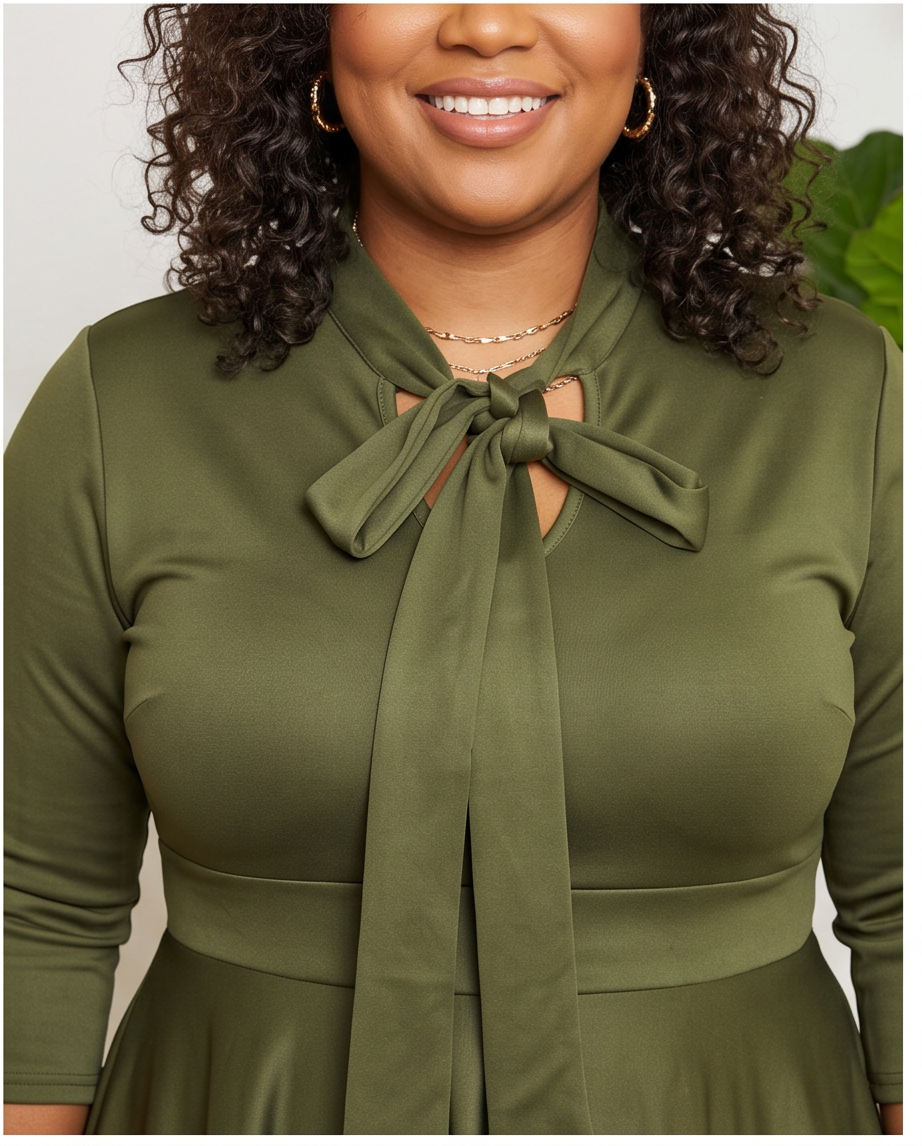 Plus Size Olive Tie Neck Skater Dress