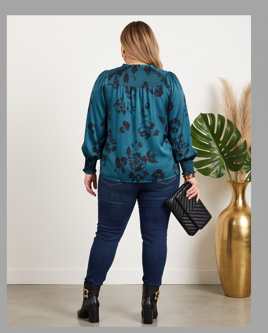 Plus Size Teal & Black Smocked Neck Top