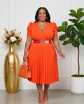 Plus Size Orange Pleated Midi Dress