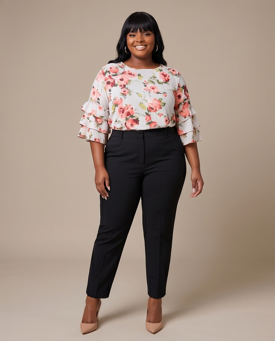 Plus Size Ivory Ruffle Floral Top