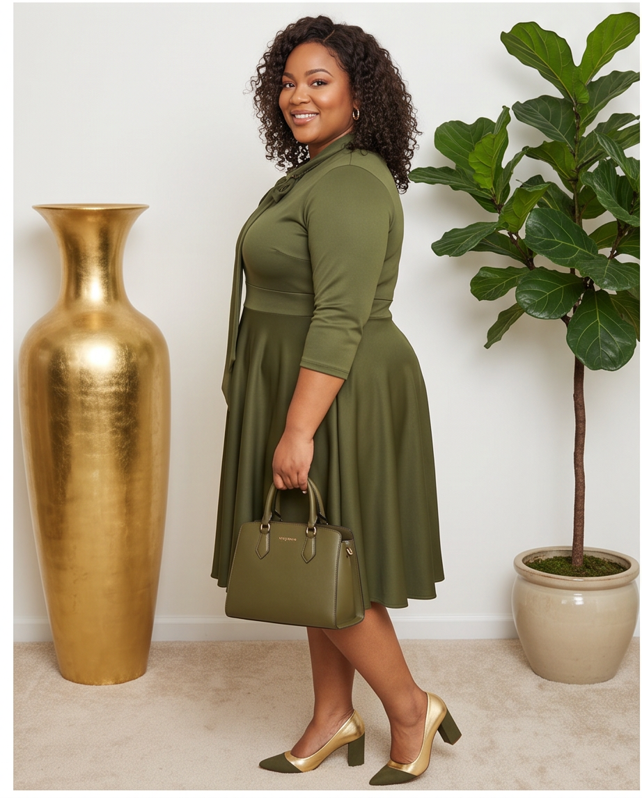 Plus Size Olive Tie Neck Skater Dress