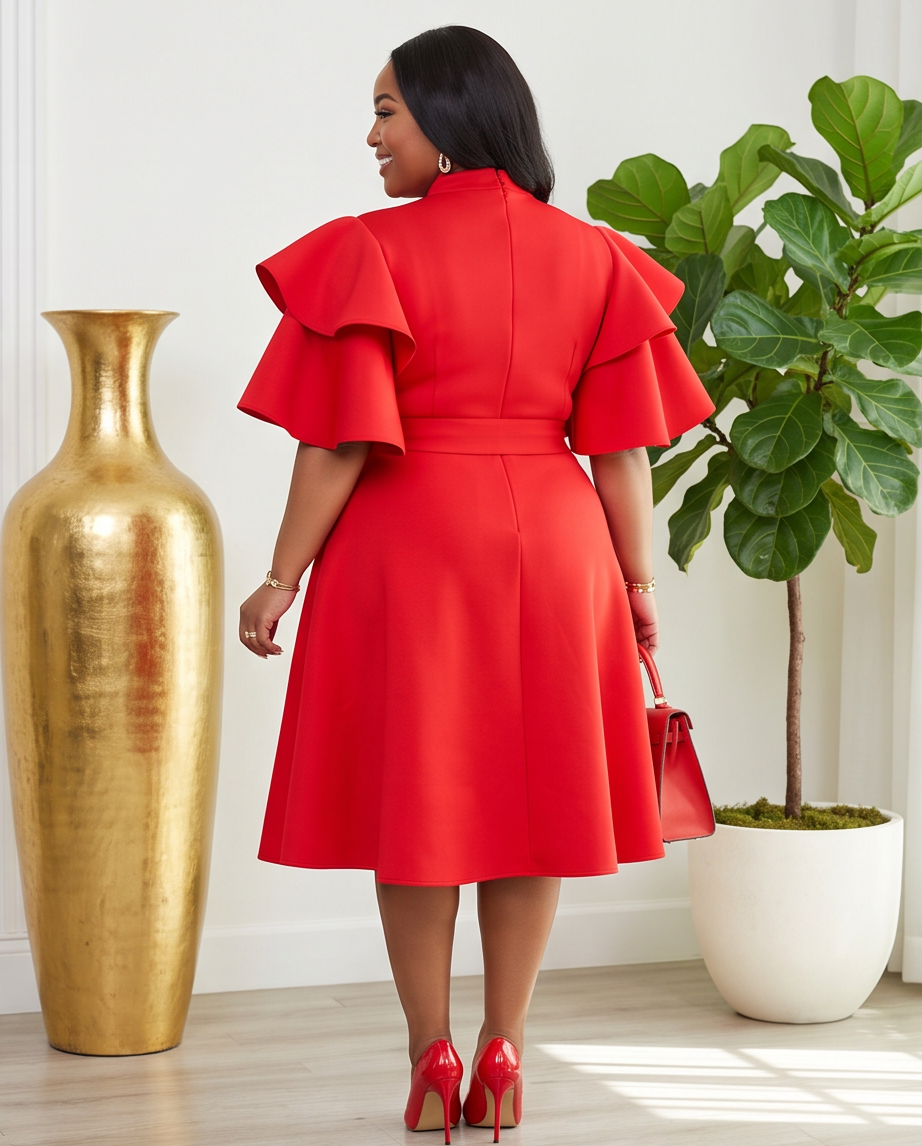 Plus Size Red Extravagant Sleeve Dress