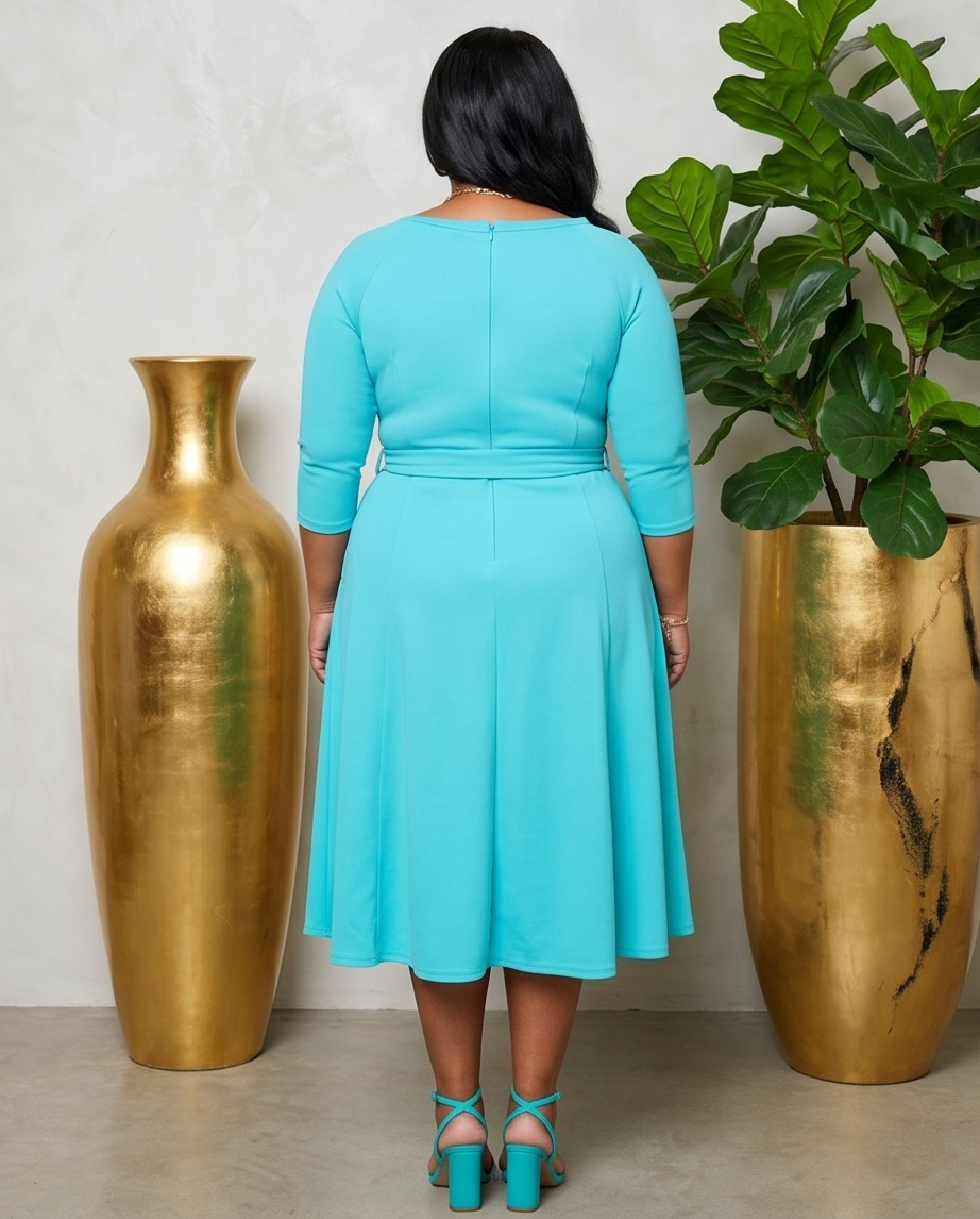 Plus Size Sky Blue Belted Dress