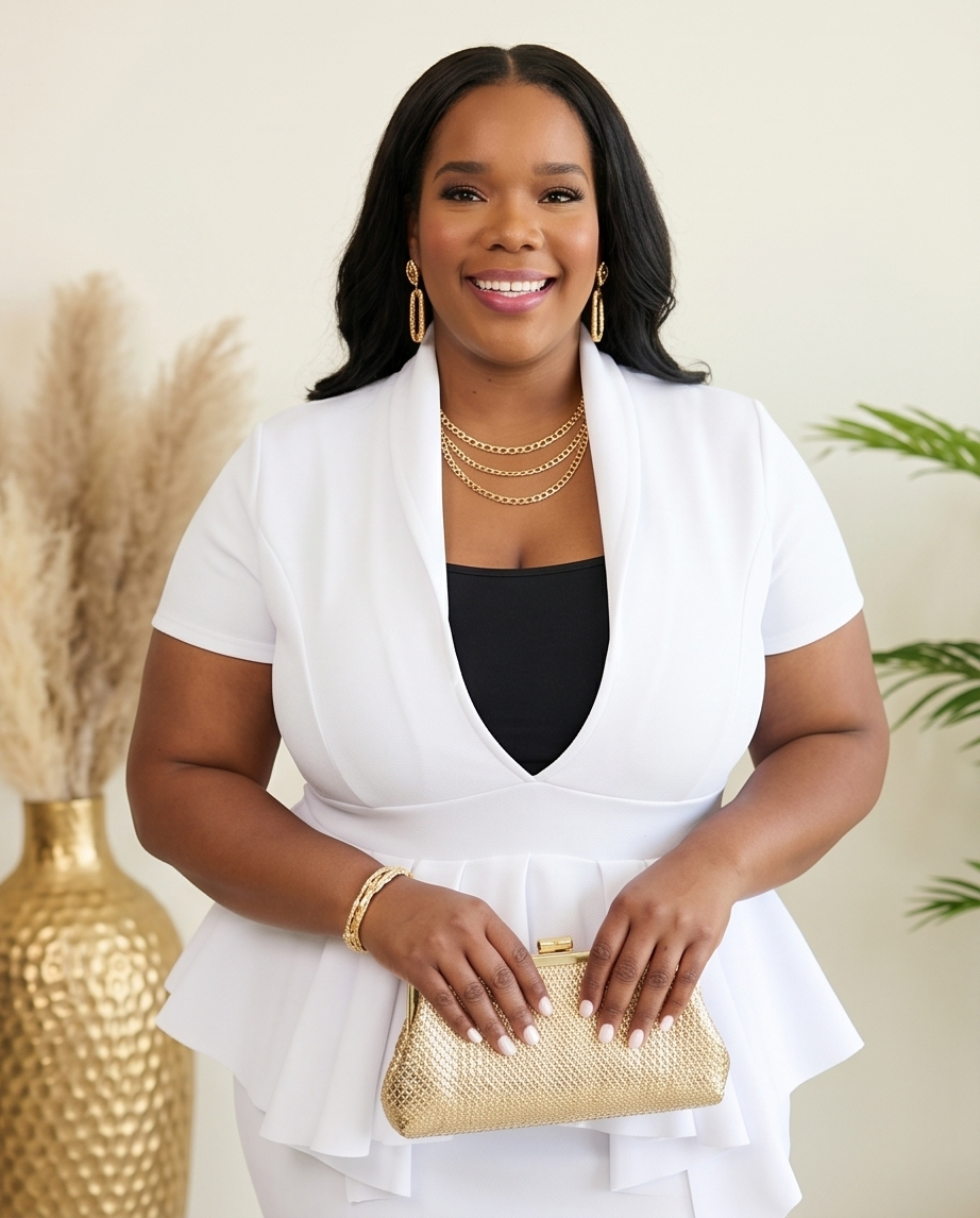 Plus Size White Deep Neckline Peplum Dress