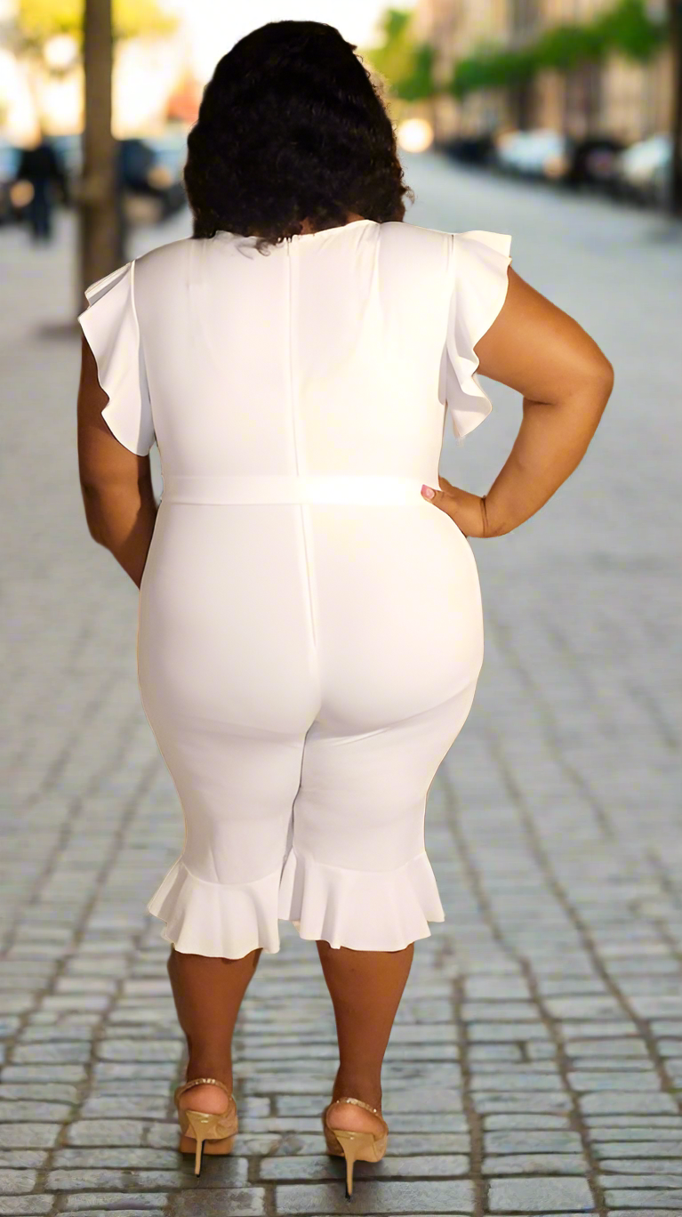 Plus Size White Ruffle Trim Jumpsuit - 2736