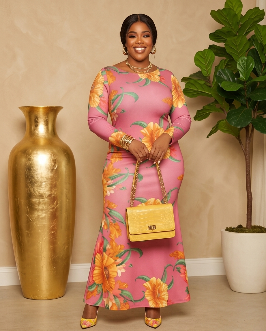 Plus Size Pink Sunflower Mermaid Maxi Dress