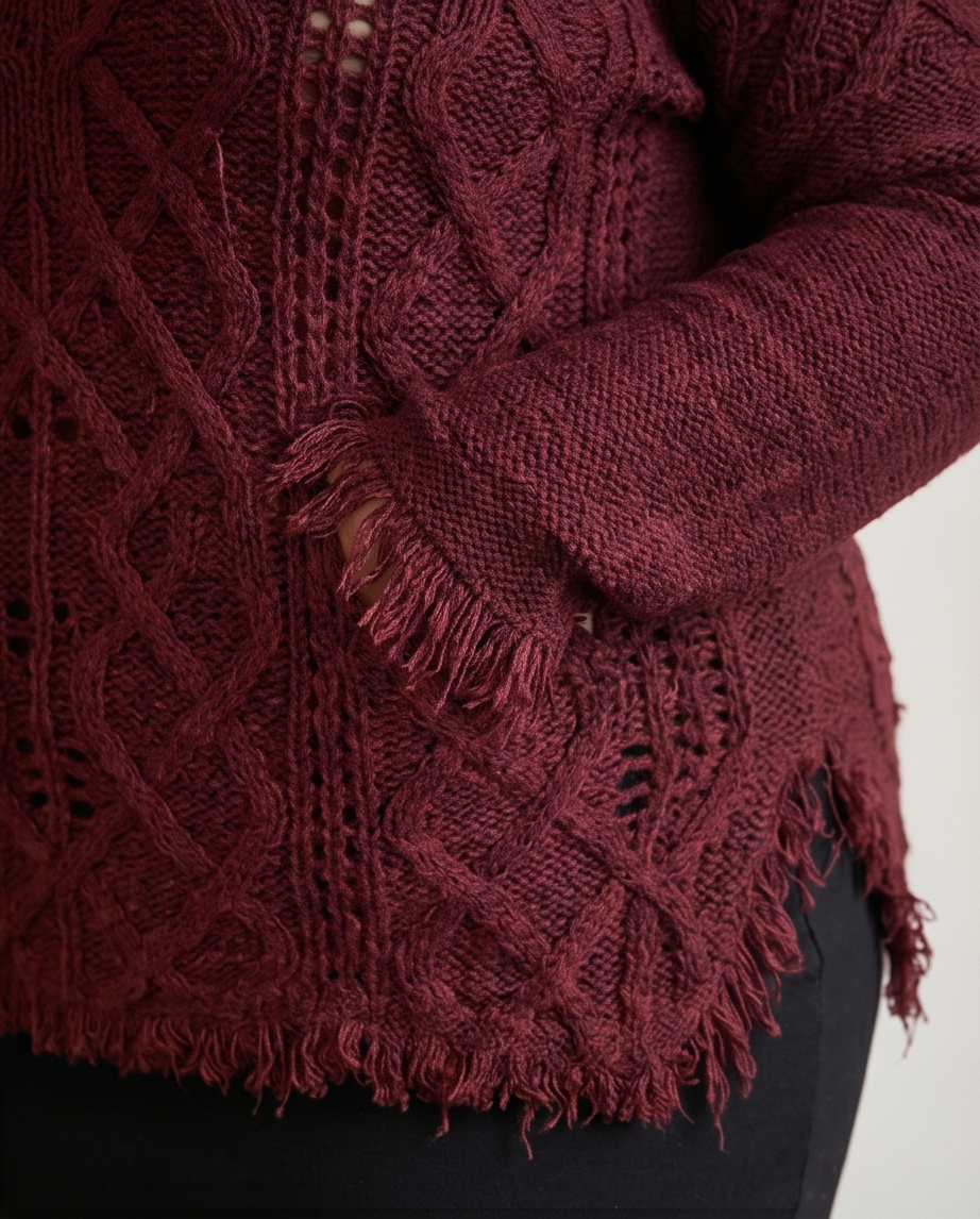 Plus Size Burgundy Raw Hem Sweater