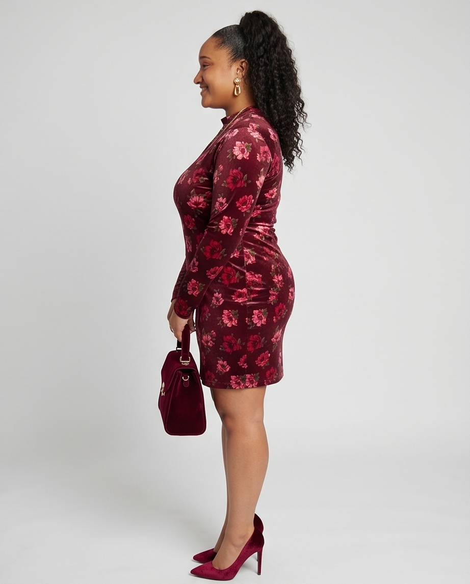 Plus Size Velvet Burgundy Long Sleeve Dress