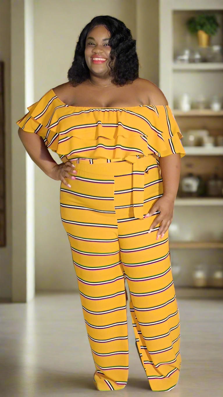 Plus Size Orange Ruffle Striped Jumpsuit - 4469PA