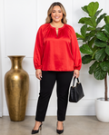 Plus Size Red Tie Neck Long Sleeve Silk Top