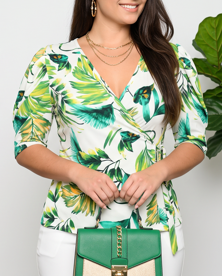 Plus Size Multi Green Wrap Top
