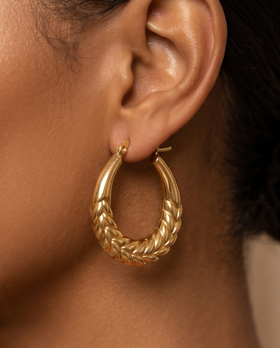 Stainless Steel Gold Textured Hoop Earrings