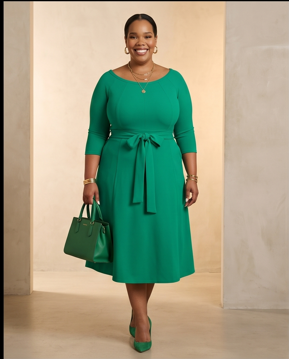 Plus Size Emerald Green Belted Dress