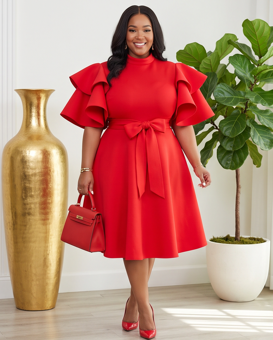 Plus Size Red Extravagant Sleeve Dress