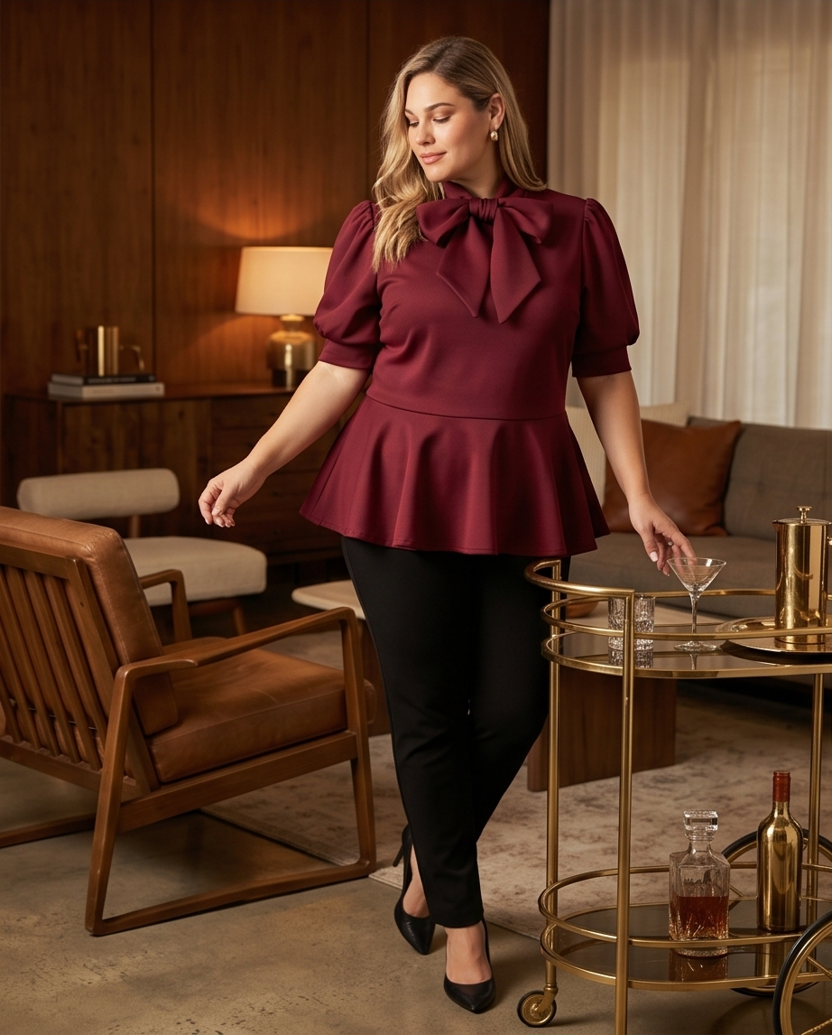 Extra Plus Burgundy Tie Neck Peplum Top