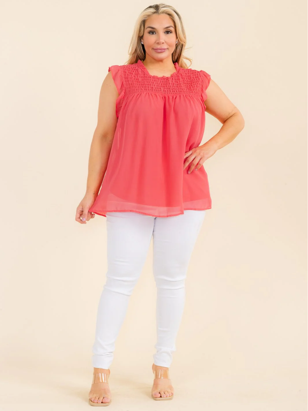 Plus Size Coral Tiered Short Sleeve Blouse - VT28366