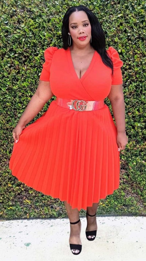 Plus Size Orange Pleated Dress - 1732