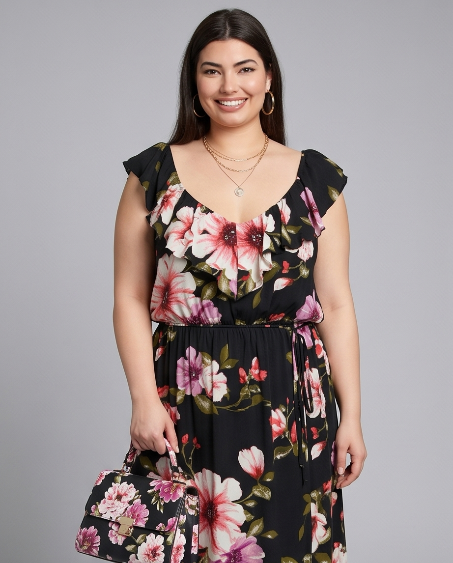 Plus Size Floral Ruffle Detail Dress