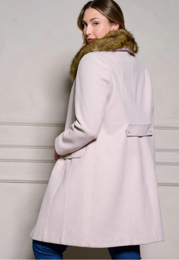 Plus Size Cream Sherpa Maxi Fur Neck Coat - W429PF1