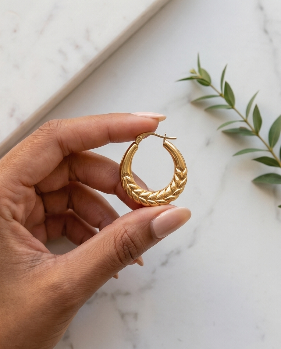 Stainless Steel Gold Textured Hoop Earrings